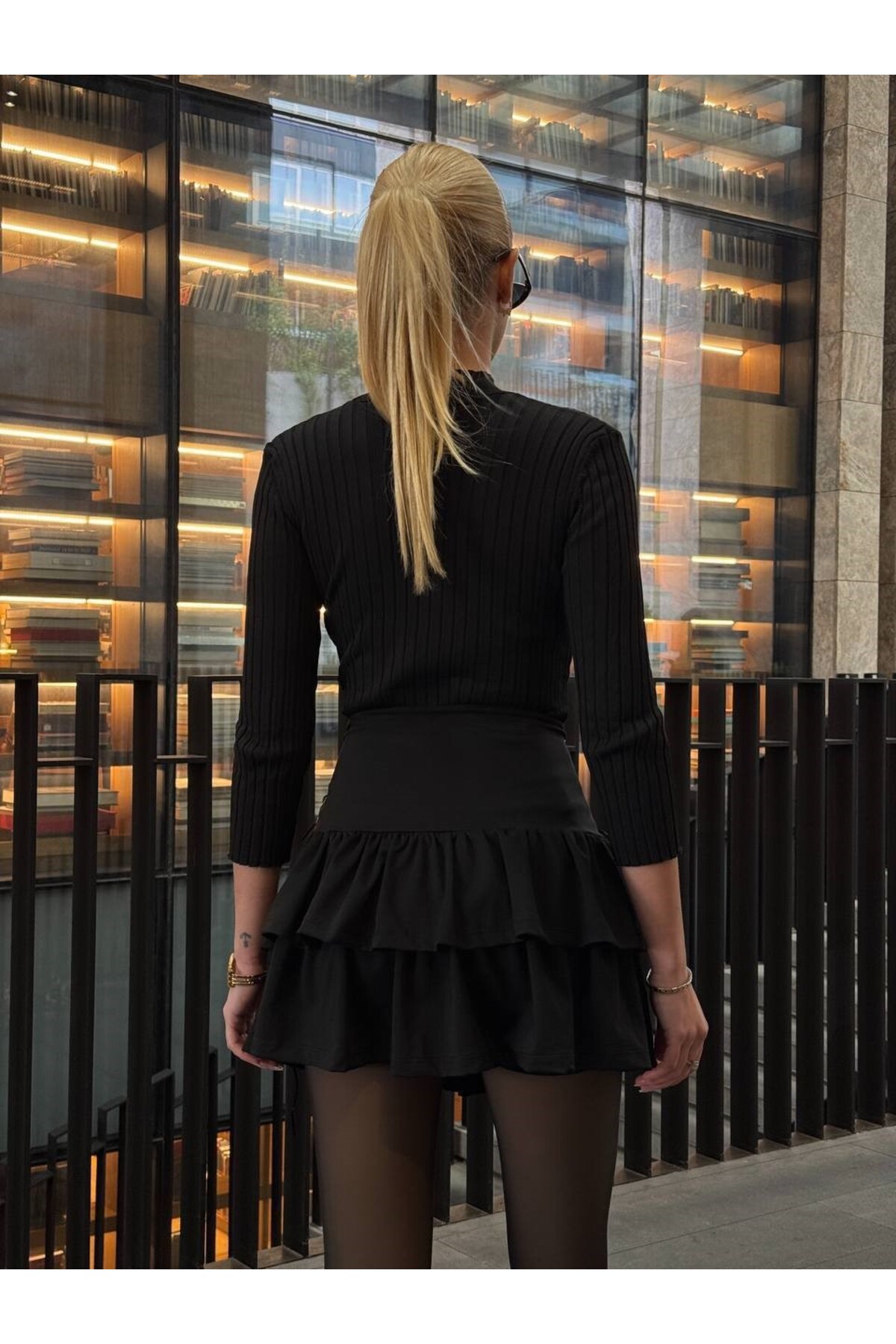 SLAW REZZ  Kadın Yandan Bağlamalı Kuş Gözlü Detaylı Fır Fır Detaylı Etek - Görsel 5