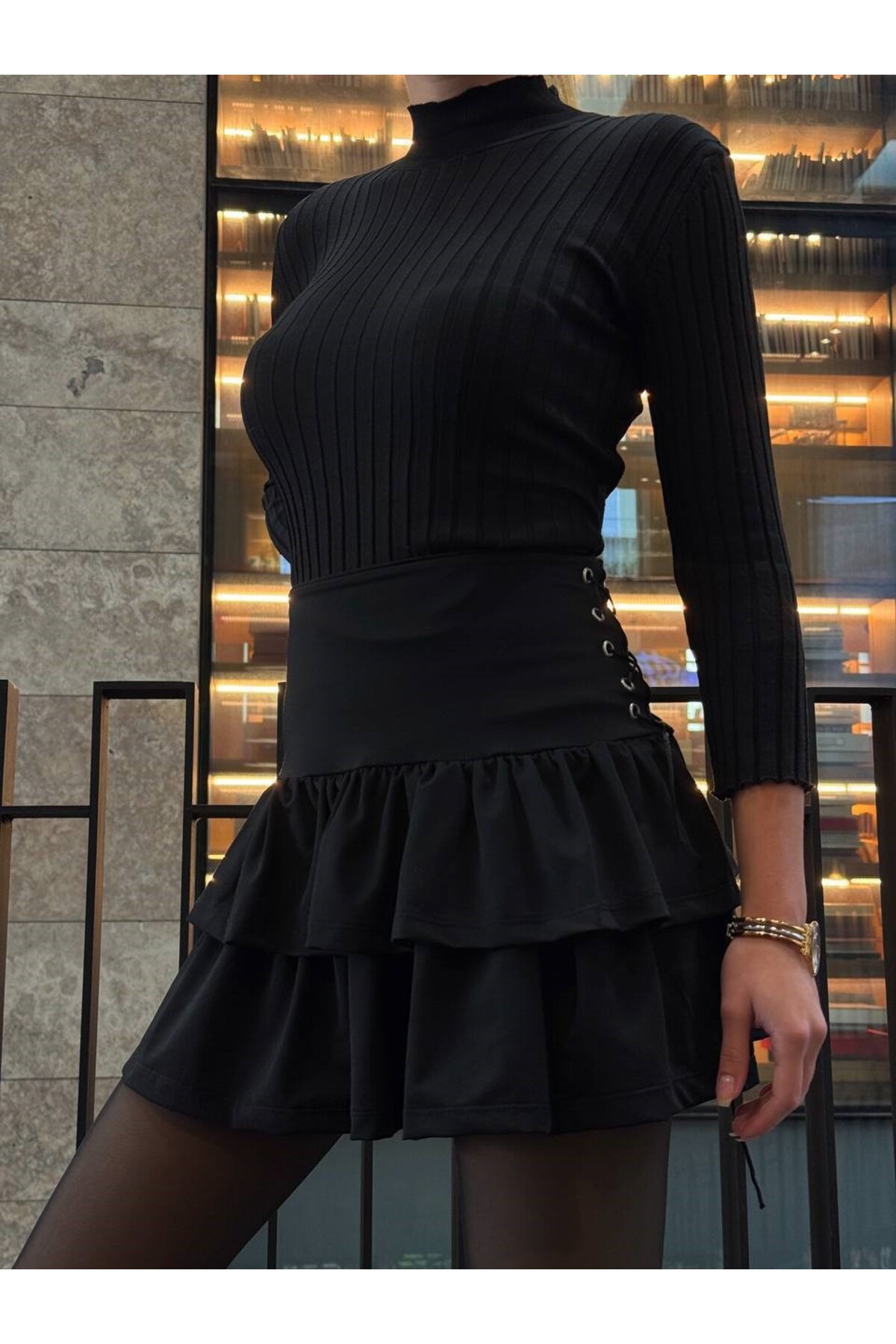 SLAW REZZ  Kadın Yandan Bağlamalı Kuş Gözlü Detaylı Fır Fır Detaylı Etek - Görsel 3