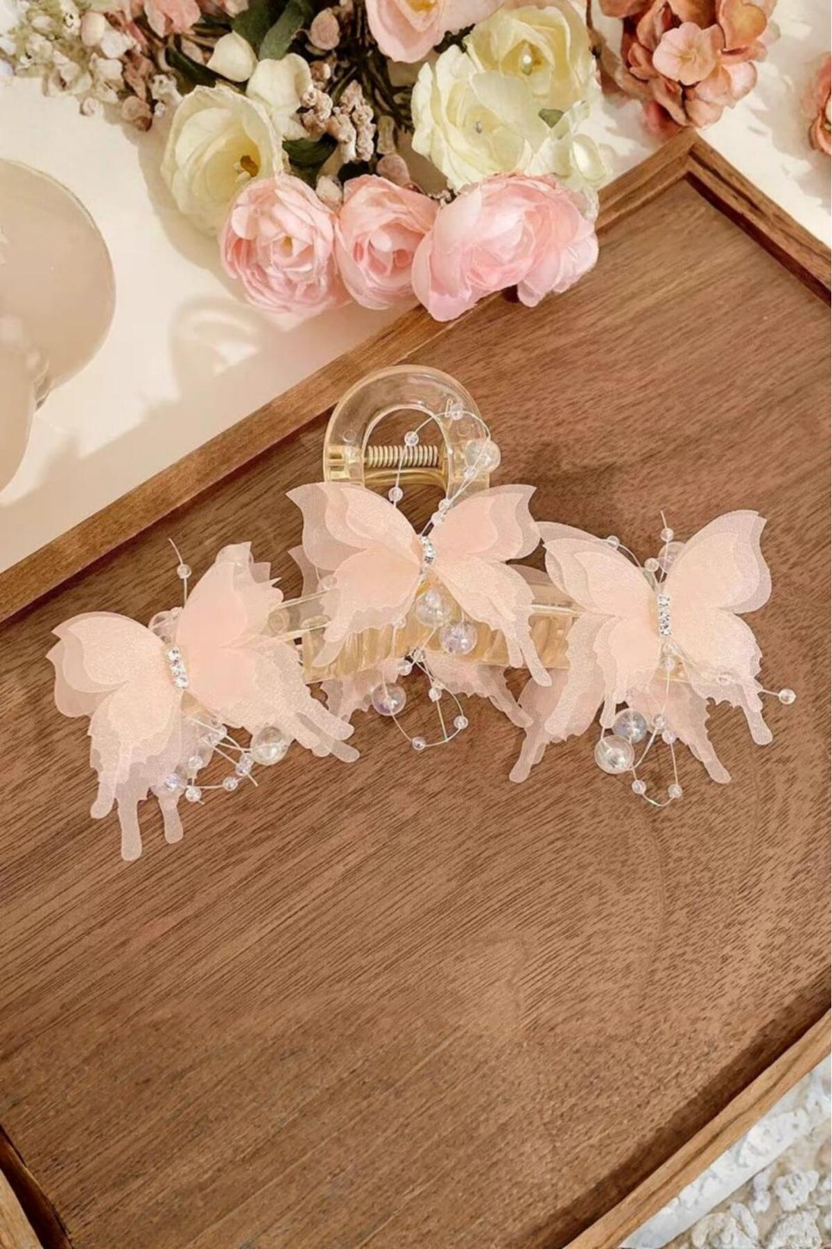 Diloshtrend Design Zarif Tül Kelebek Mandal Toka 13 CM Büyük Boy Boncuklu Taşlı görsel 5