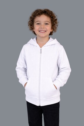 evavi Çocuk Kapüşonlu Fermuarlı Cepli Beyaz Sweatshirt Ceket