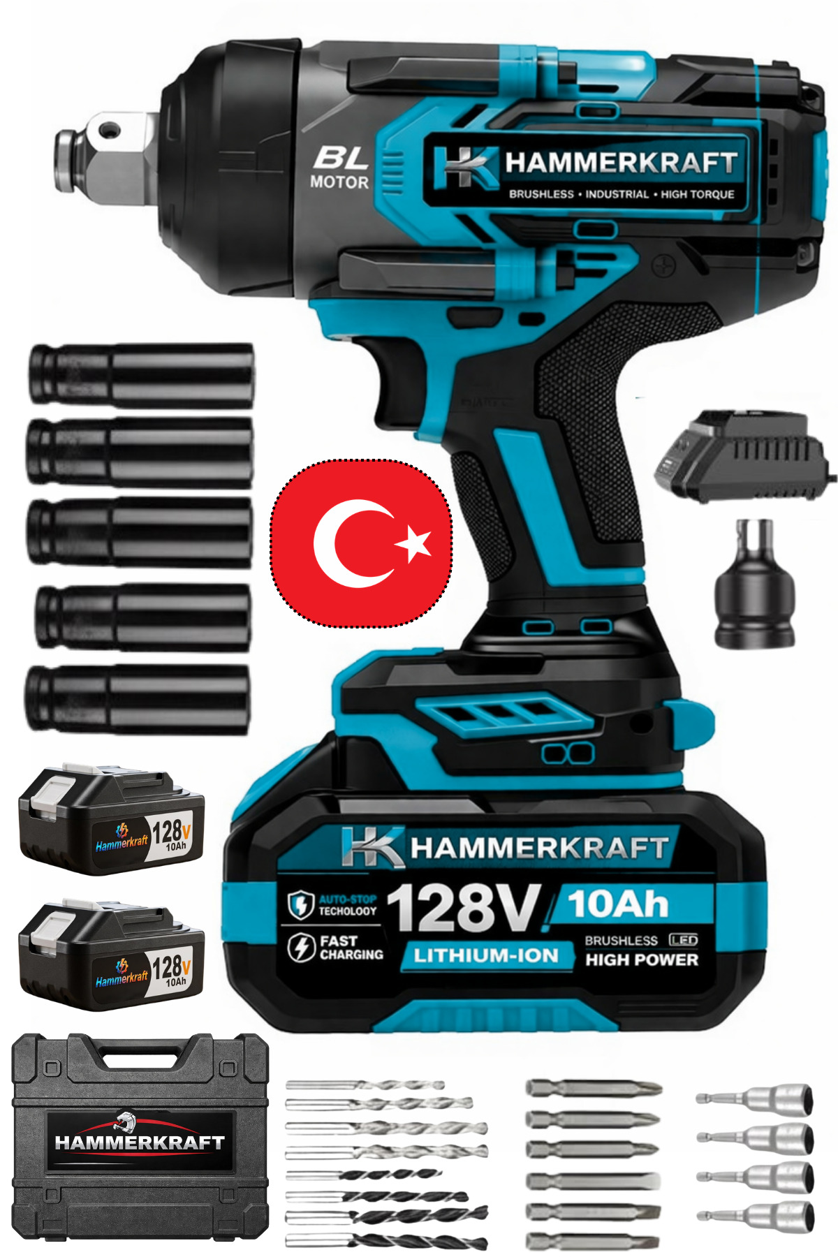 HAMMERKRAFT Kömürsüz Teknoloji Darbeli 1600Nm 128v 10Ah 2x