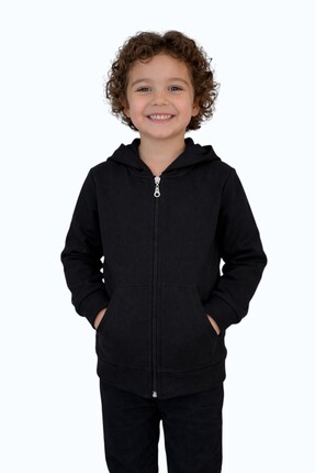 evavi Çocuk Kapüşonlu Fermuarlı Cepli Siyah Sweatshirt Ceket
