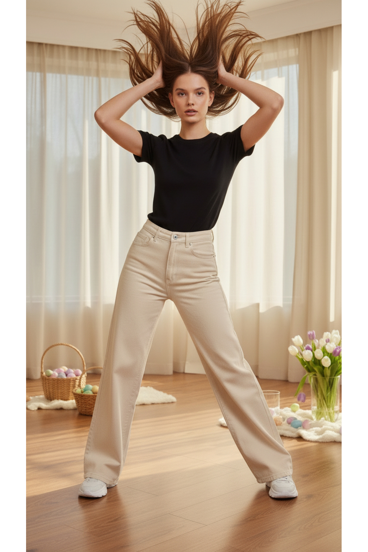 geenz manifacture Palazzo Jeans 90's Krem Likralı Süper Yüksek Bel Wide Leg Salaş Jeans Palazzo Pantolon görsel 3