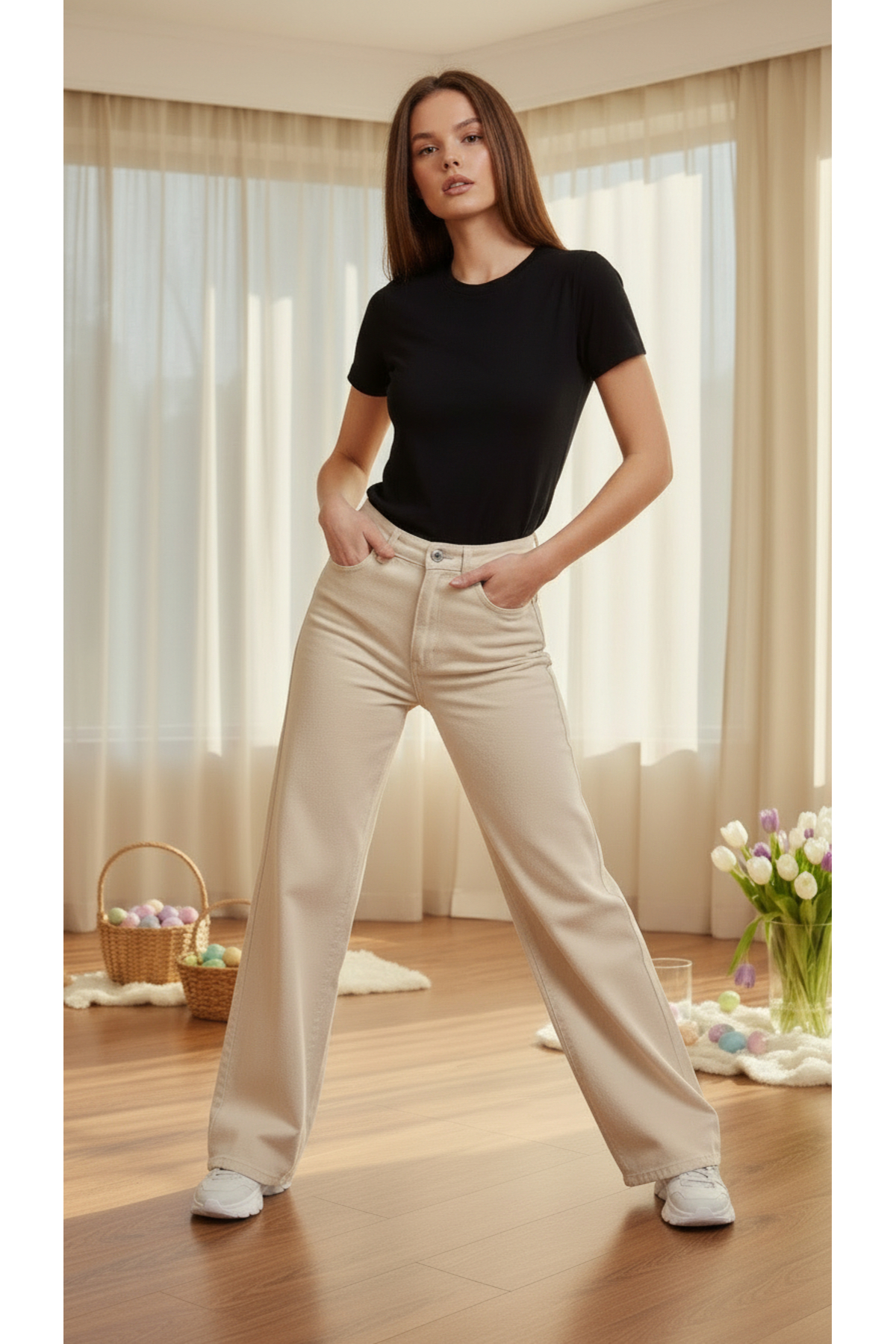 geenz manifacture Palazzo Jeans 90's Krem Likralı Süper Yüksek Bel Wide Leg Salaş Jeans Palazzo Pantolon görsel 6
