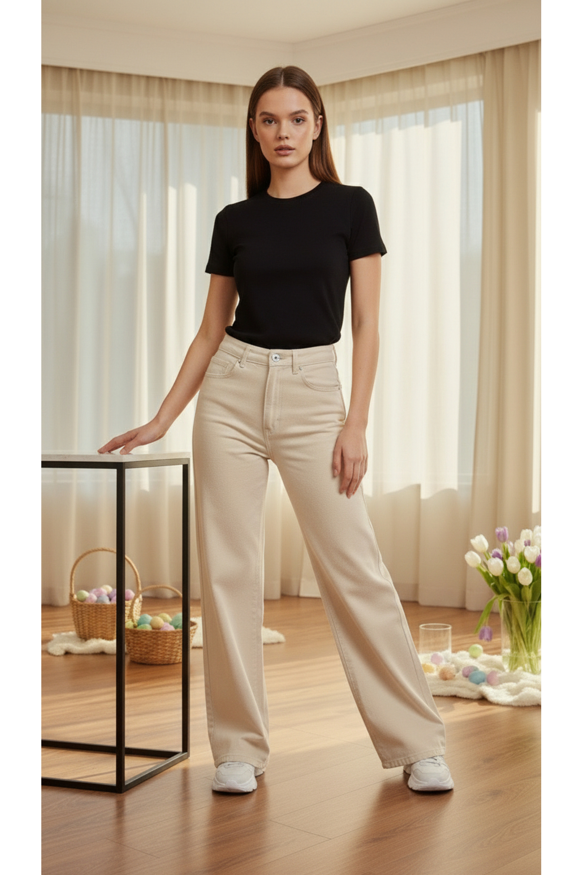 geenz manifacture Palazzo Jeans 90's Krem Likralı Süper Yüksek Bel Wide Leg Salaş Jeans Palazzo Pantolon görsel 5