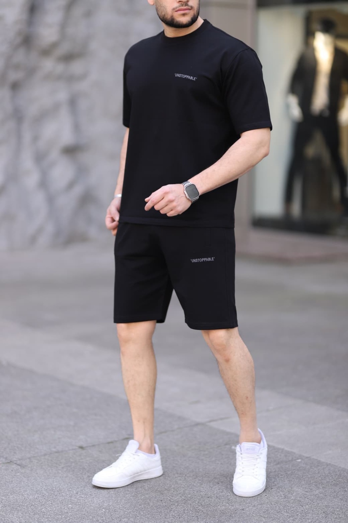 Erkek Comfort Fit Rahat Kalıp 2'li Set T-shirt ve Şort Eşofman Takımı — مشکی 5759