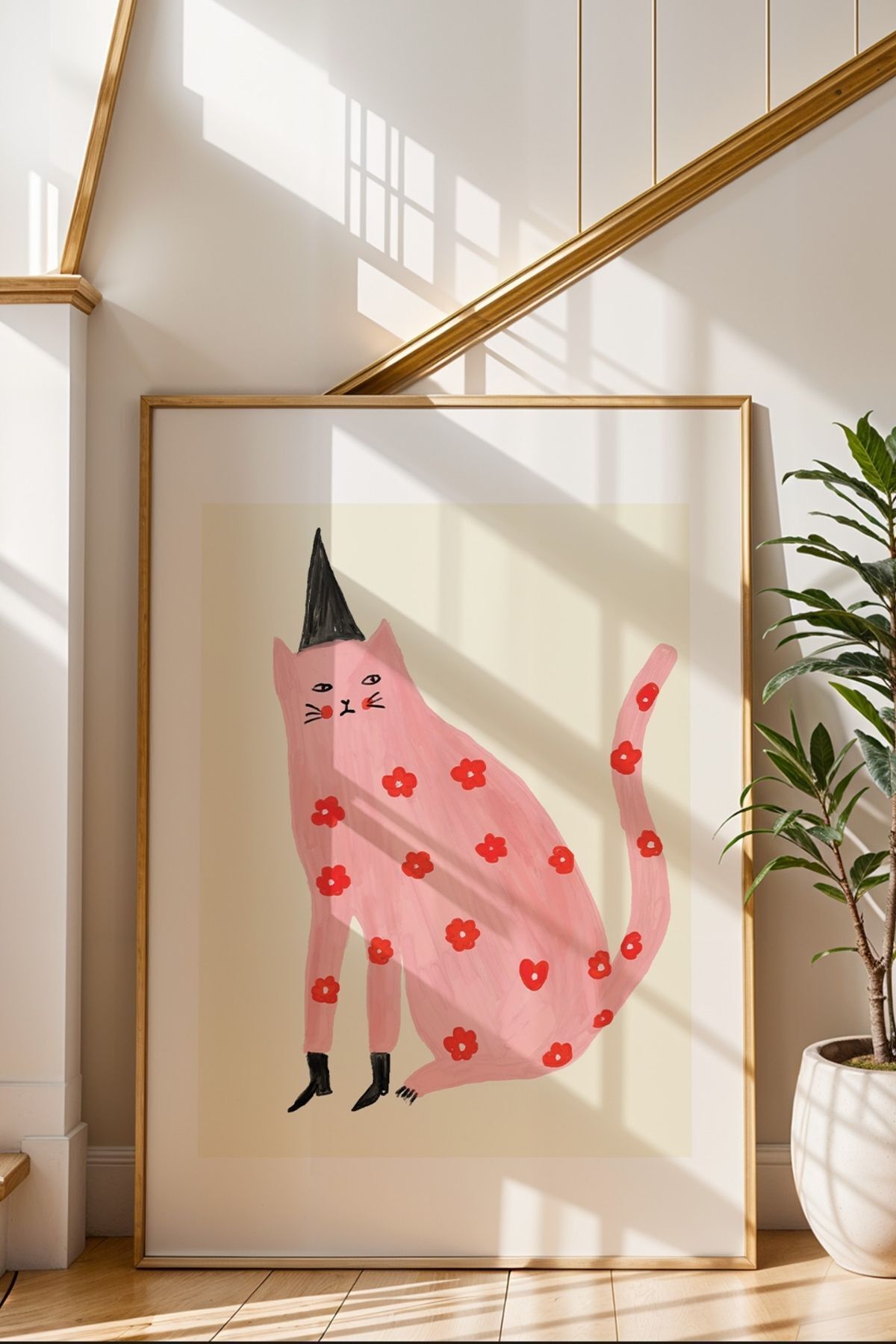Pembe Kedi Tablo Minimal İllüstrasyon Poster Ev Duvar Dekoru Çerçevesiz