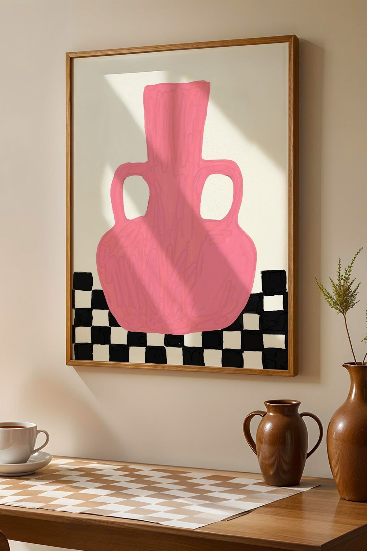 Pembe Vazo Tablo Modern Minimal İllüstrasyon Poster Ev Duvar Dekoru Çerçevesiz