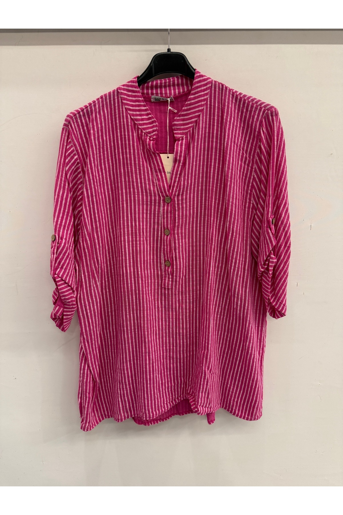 Women's Fuchsia Italian Line Pattern Dominant Collar Short Sleeve Oversized Blouse Size 40 - 44
