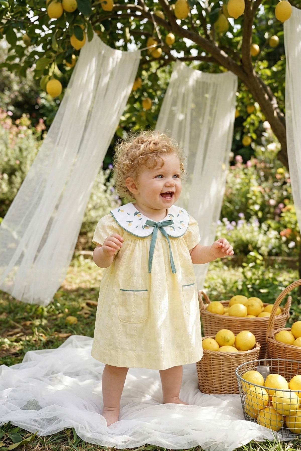 ALYRA Kız Bebek Elbise Kısa Kollu Bebe Yaka Sarı Limon Nakış Detaylı Özel Gün Doğum Günü Günlük Elbise fotoğrafı 2 (önizleme)