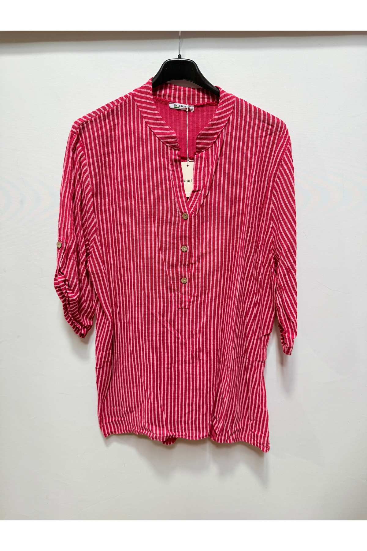 Women's Red Italian Striped Pattern Dominant Collar Short Sleeve Oversized Blouse Size 40 - 44