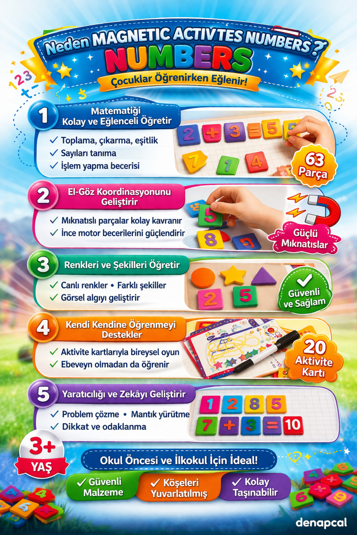 DENAPCAL Manyetik Bloklar Sayılarla Aktivite Seti Eğitici Matematik Oyunu Yazı Tahtalı 63 Parça 3 Yaş+ fotoğrafı 3 (önizleme)