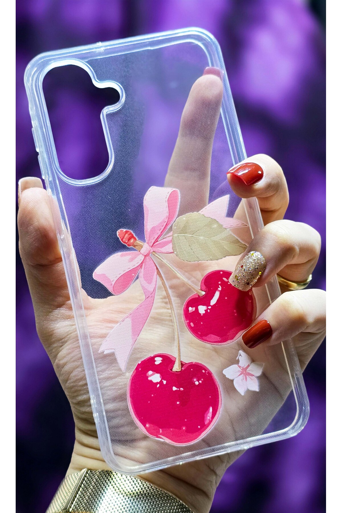Transparent Silicone Phone Case with Samsung Galaxy A17 Compatible Cherry and Ribbon Pattern