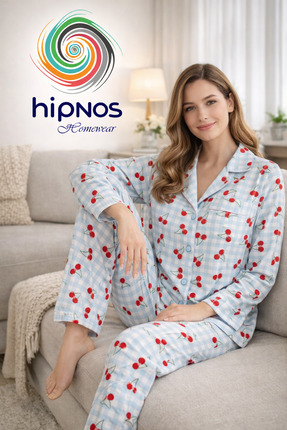 Hipnos Kiraz Desenli Kadın Pijama Takımı Gömlek Yaka %100 Pamuk Şık ve Rahat ...