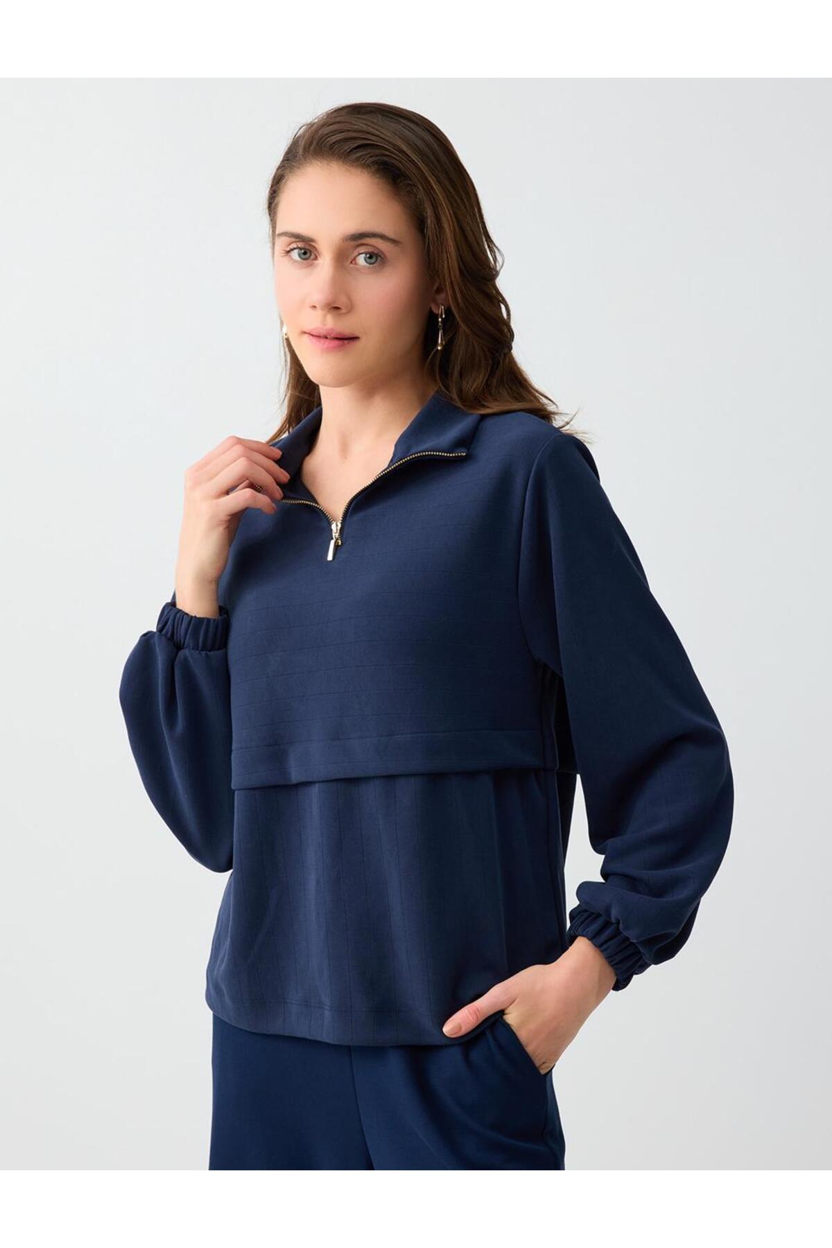 Jimmy Key  Lacivert Uzun Kollu Dik Yaka Örme Modal Sweatshirt