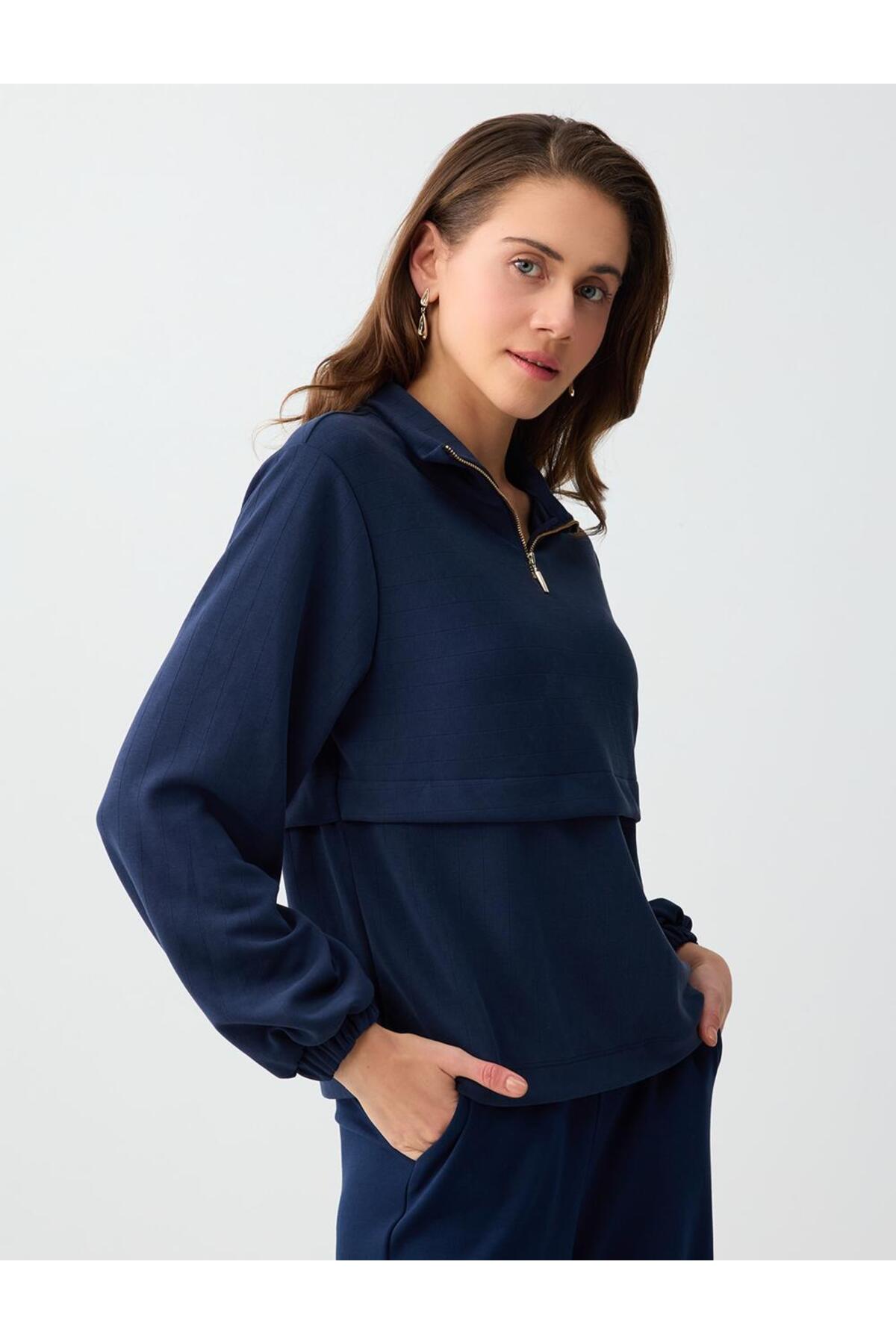 Jimmy Key  Lacivert Uzun Kollu Dik Yaka Örme Modal Sweatshirt - Görsel 4