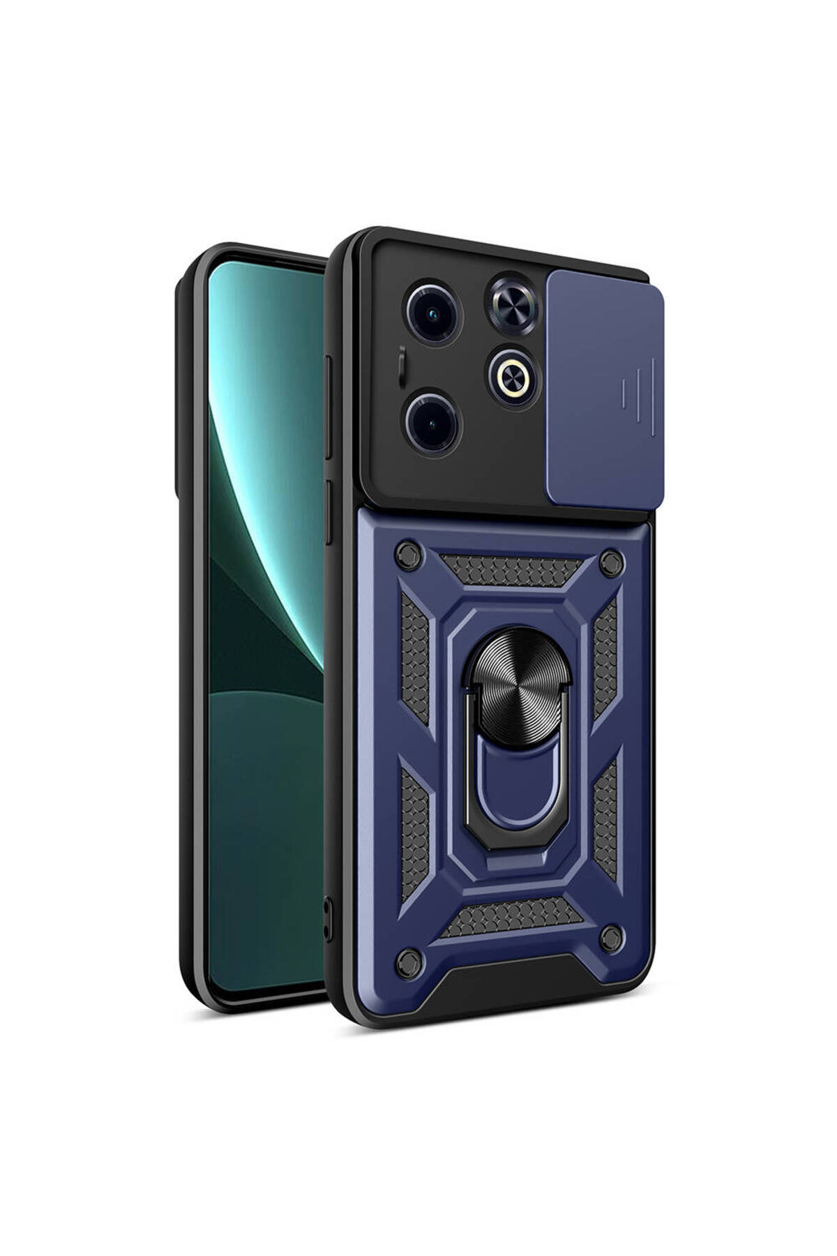 İnfinix Smart 8 Kılıf Magnetik Standlı Kamera Korumalı AKRE Sürgülü Vega Kapak - Mavi