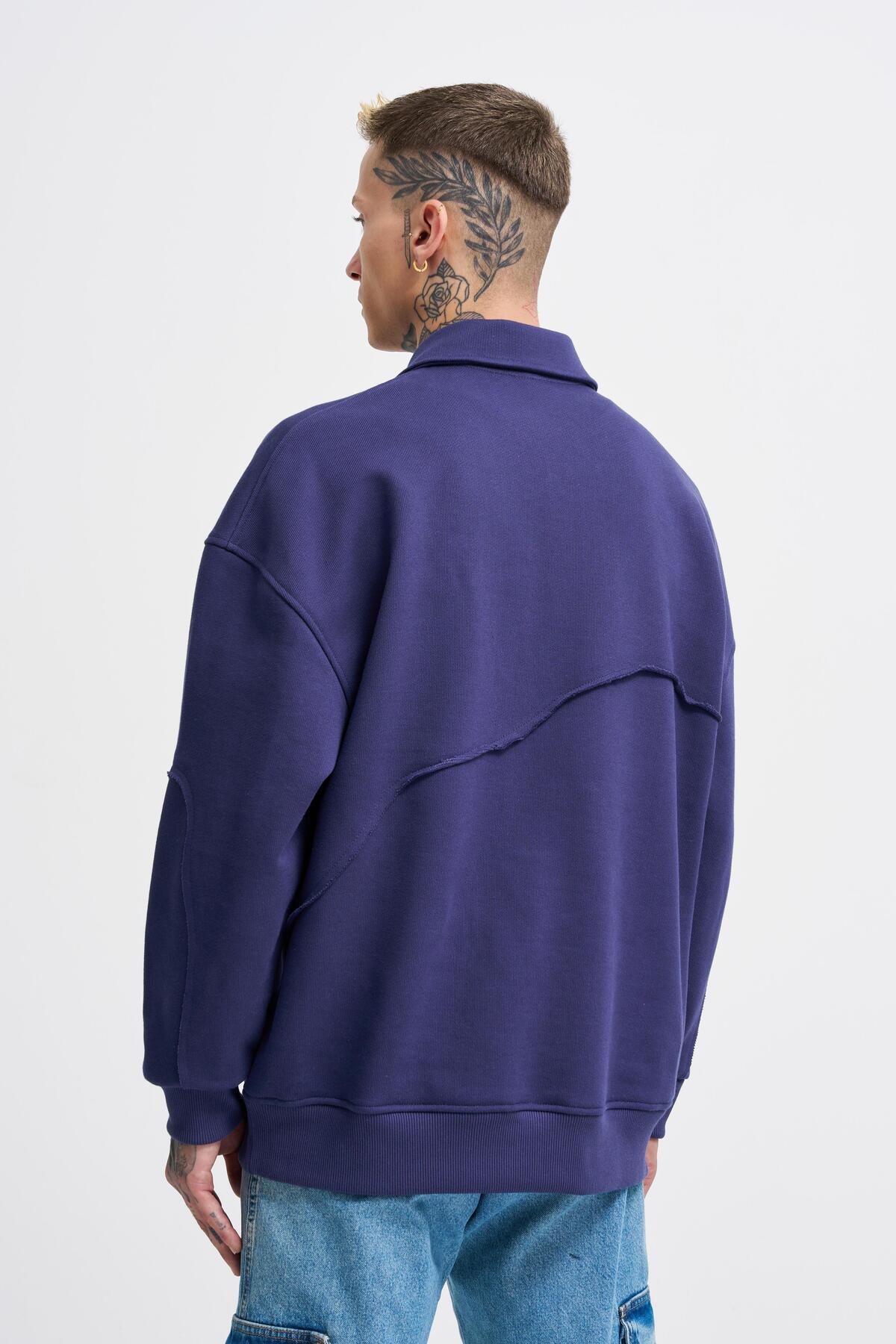 Machinist Erkek Distressed Stitch Polo Sweatshirt Gece Mavisi görsel 3