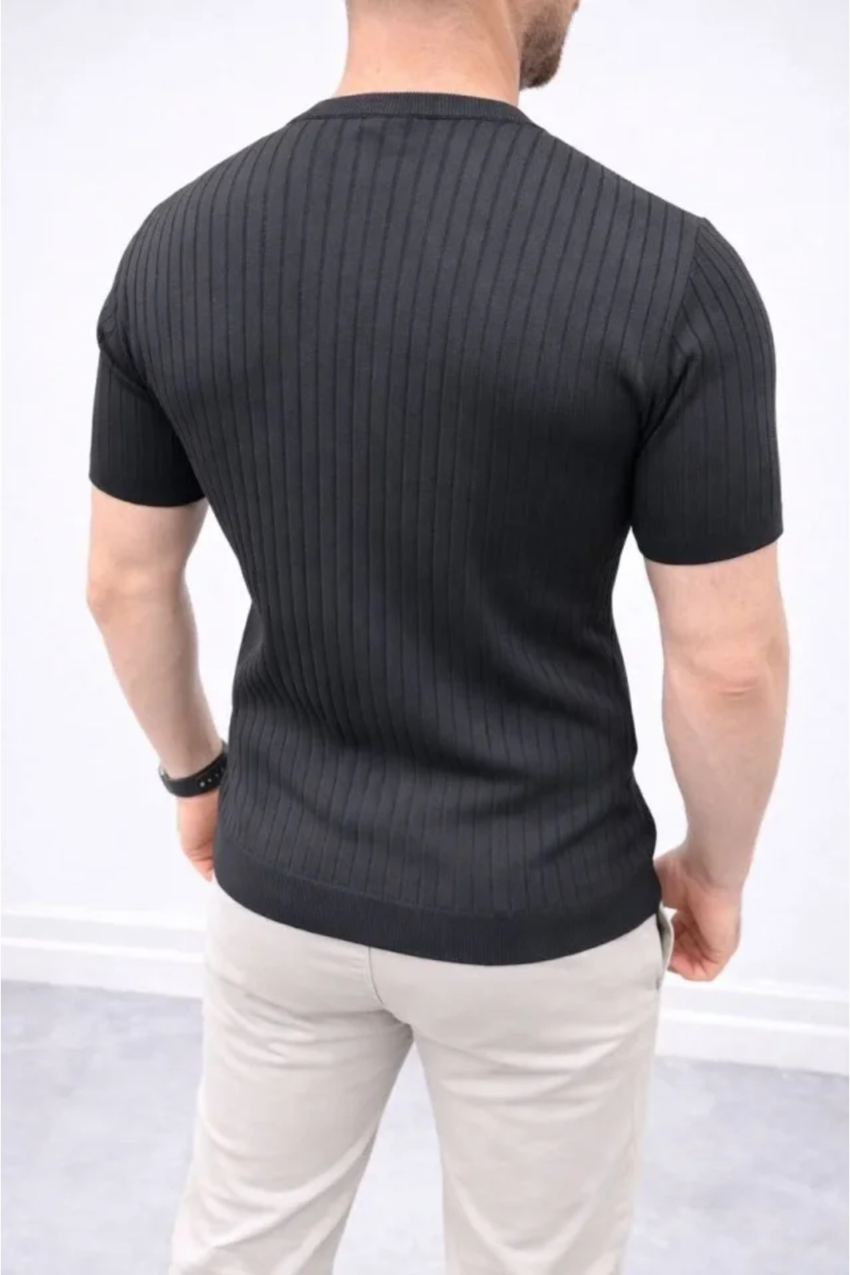Erkek Kısa Kol Fitilli Triko T-Shirt Yazlık Hakim Yaka Tişört - Siyah