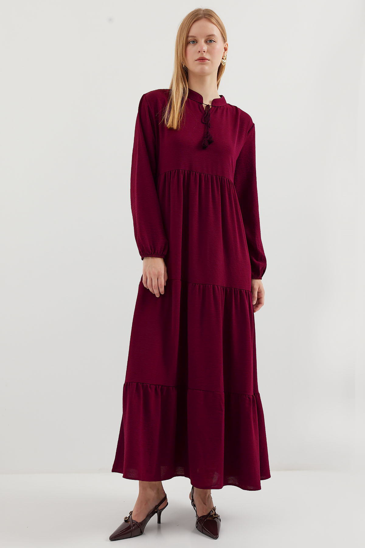 Bigdart 1627 Collar Lace-Up Hijab Dress - D. Burgundy