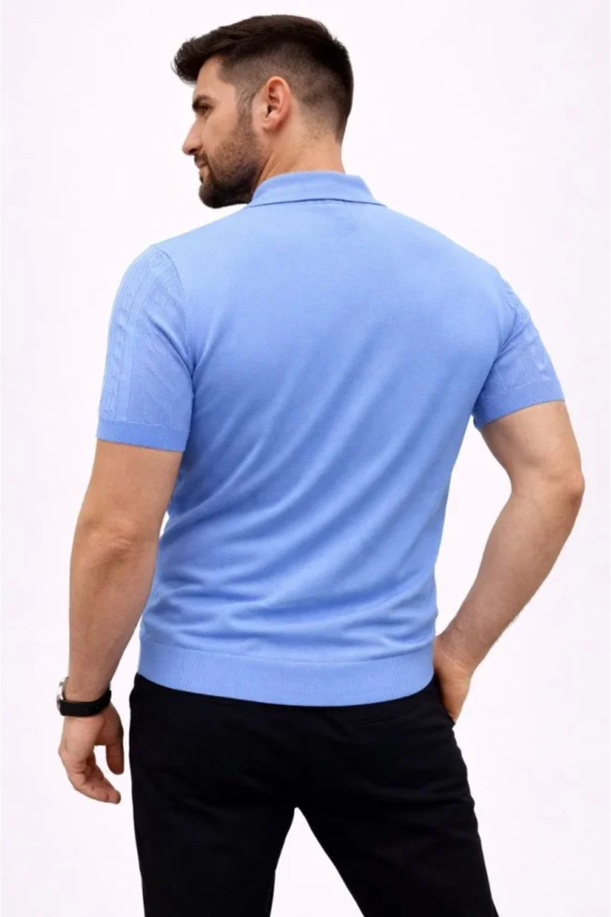 Erkek Yazlık Triko Tişört Kısa Kol Polo Yaka Düğmeli T-Shirt - Bebek Mavisi