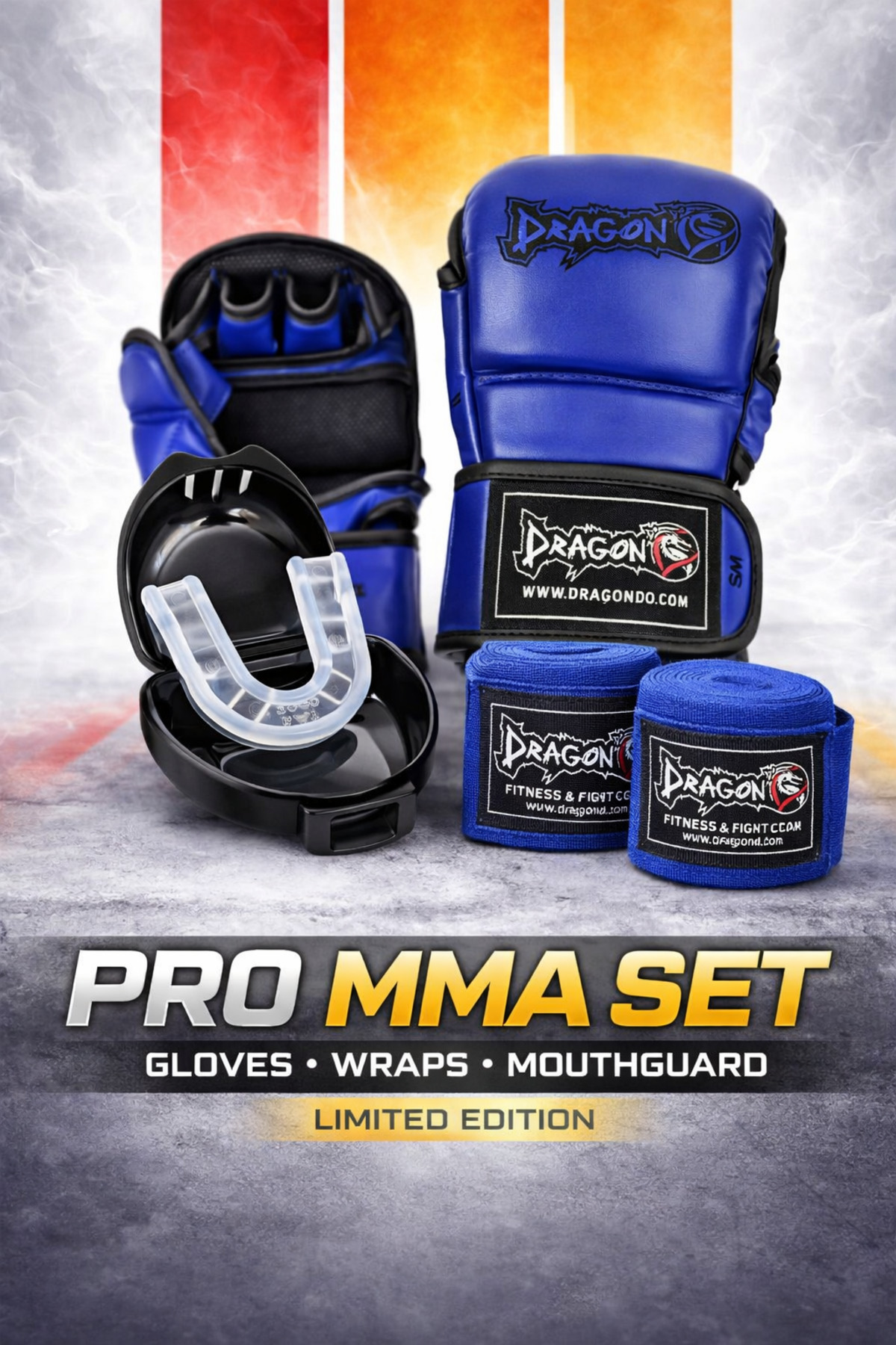 Dragondo Pro MMA Set – Eldiven + Dişlik + Bandaj (Mavi/Siyah) mma