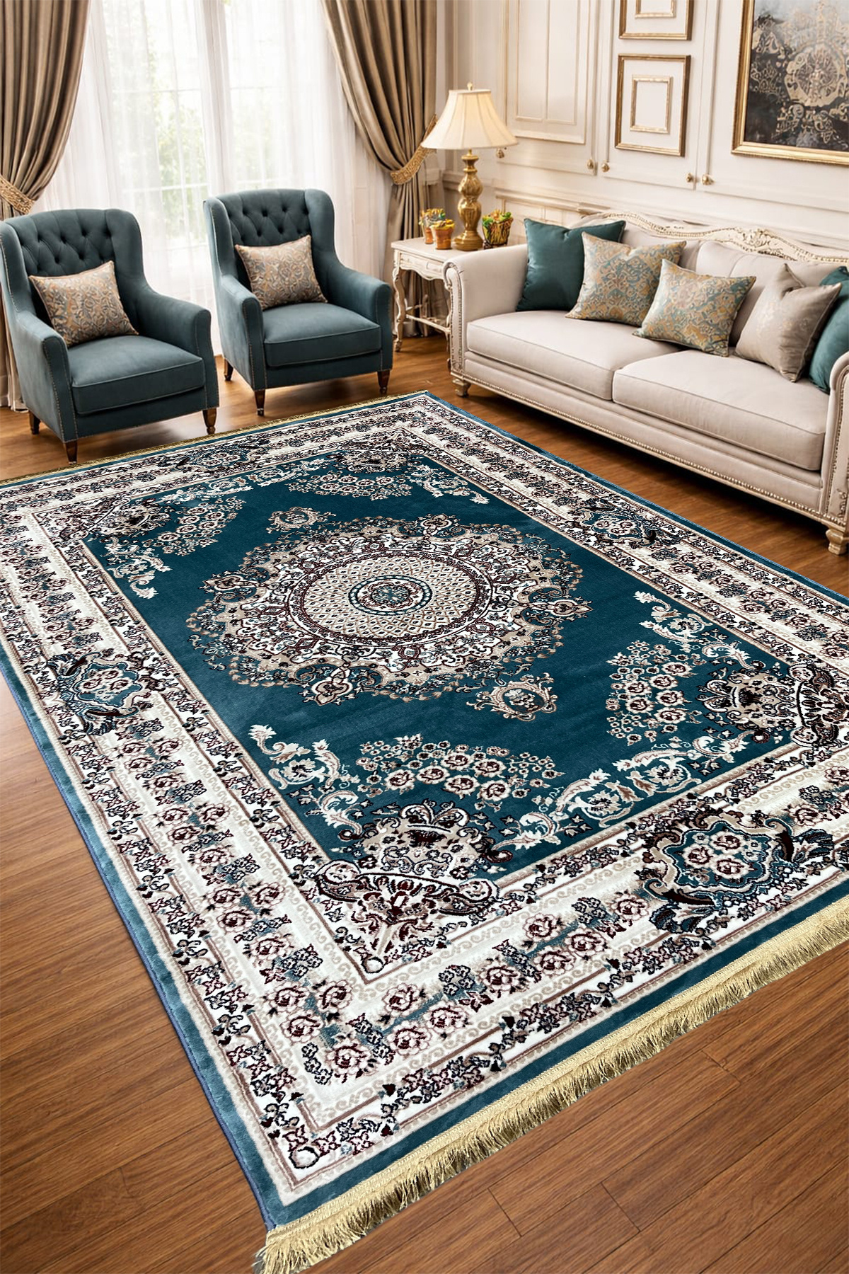 4 Square Meters - 6 Square Meters Modern Living Room Rug Soft Texture Antiallergic Silk Blue