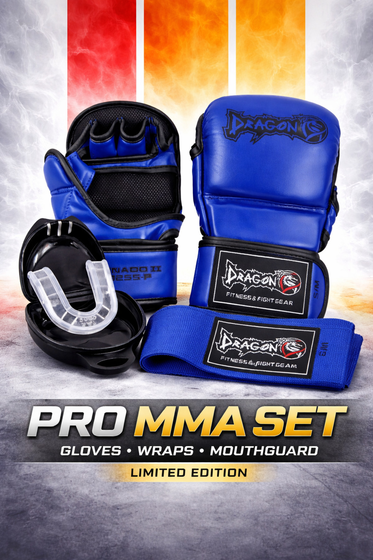 Dragondo Pro MMA Set – Eldiven + Dişlik + Bandaj (Mavi/Siyah) mma