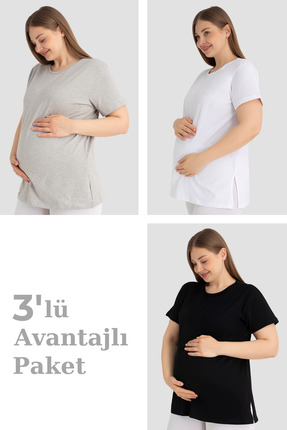 Arma Yıldız Pamuklu Kısa Kollu Hamile Tişört Renkli 3'lü Paket – Yumuşak ve R...
