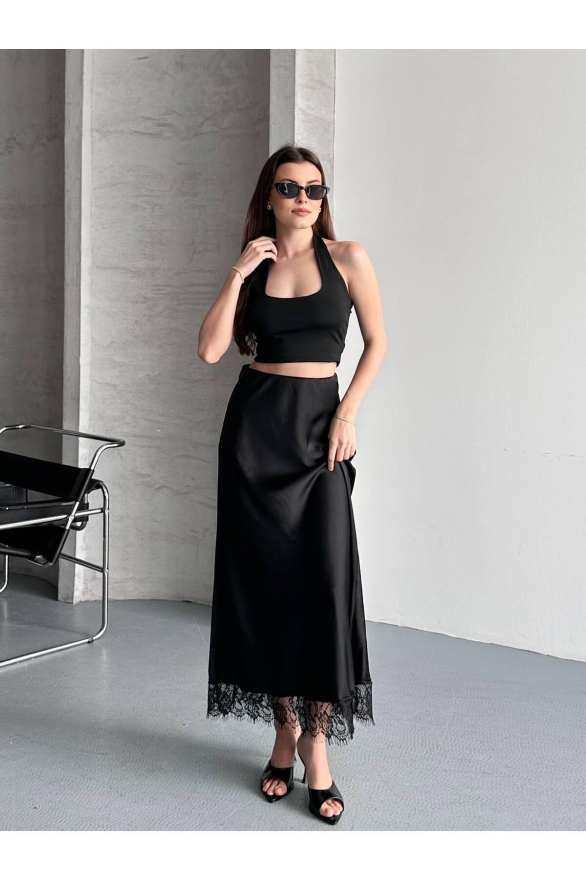 İLKCET MODA Dantelli Uzun Kadın Saten Etek görsel 2