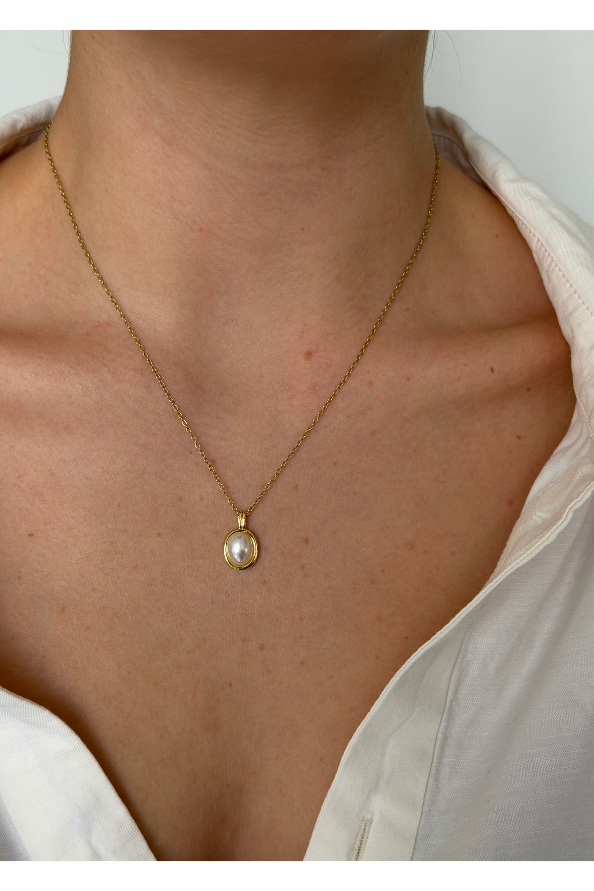 KİLİGİSTANBUL ÇELİK GOLD, MİNİMAL İNCİ KOLYE 45 CM (+5 cm uzatma) görsel 3
