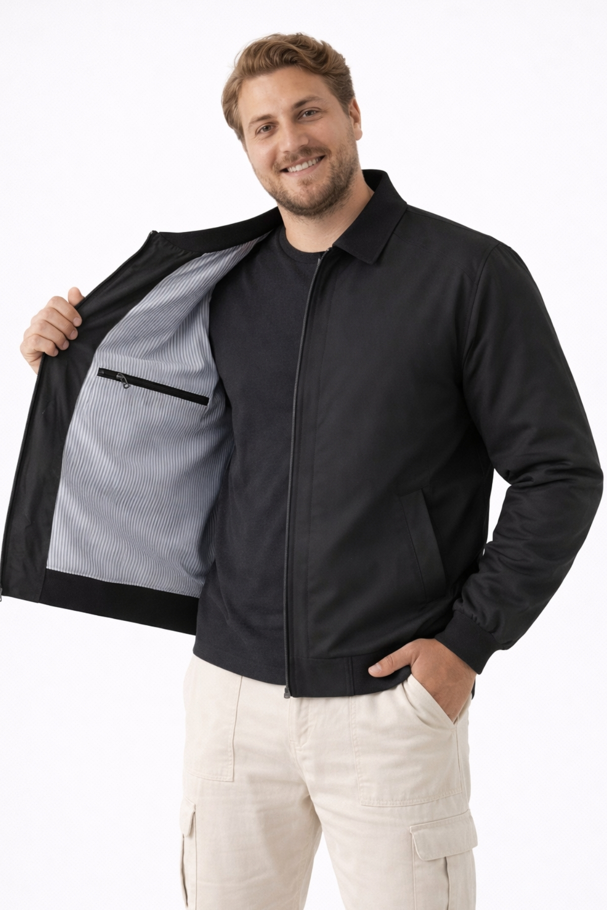 freemen  Erkek Siyah Dik Yaka Fermuarlı Basic Bomber Mont -Büyük Beden Aralığı- - Görsel 2