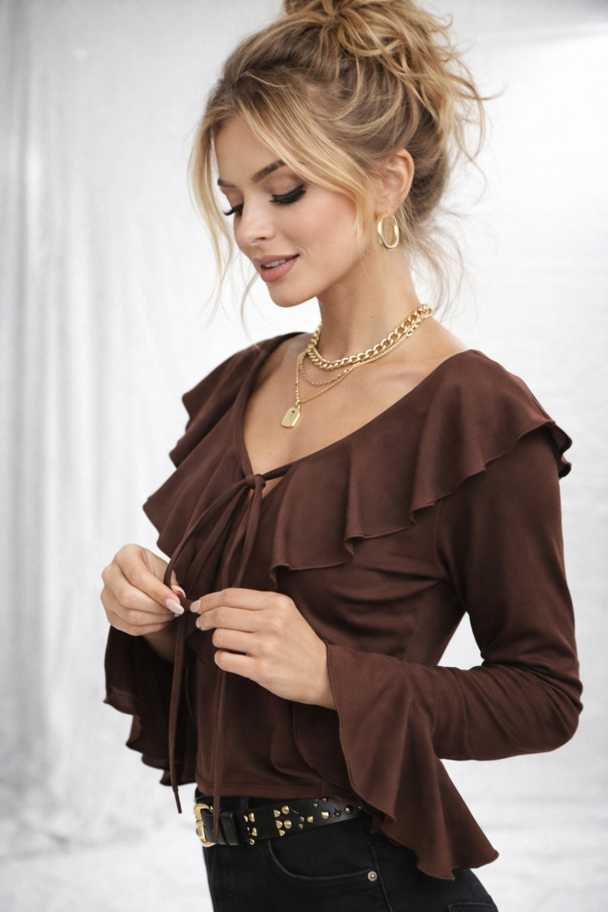 ribana  Kadın V Yaka Fırfır Detaylı Uzun Kollu Crop Trend Bluz 979 - Görsel 3