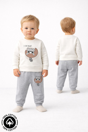 Miniel Unisex Bebek Rakun Baskılı %100 Pamuklu 6-9-12 Ay Alt Üst 2'Li Bebek T...