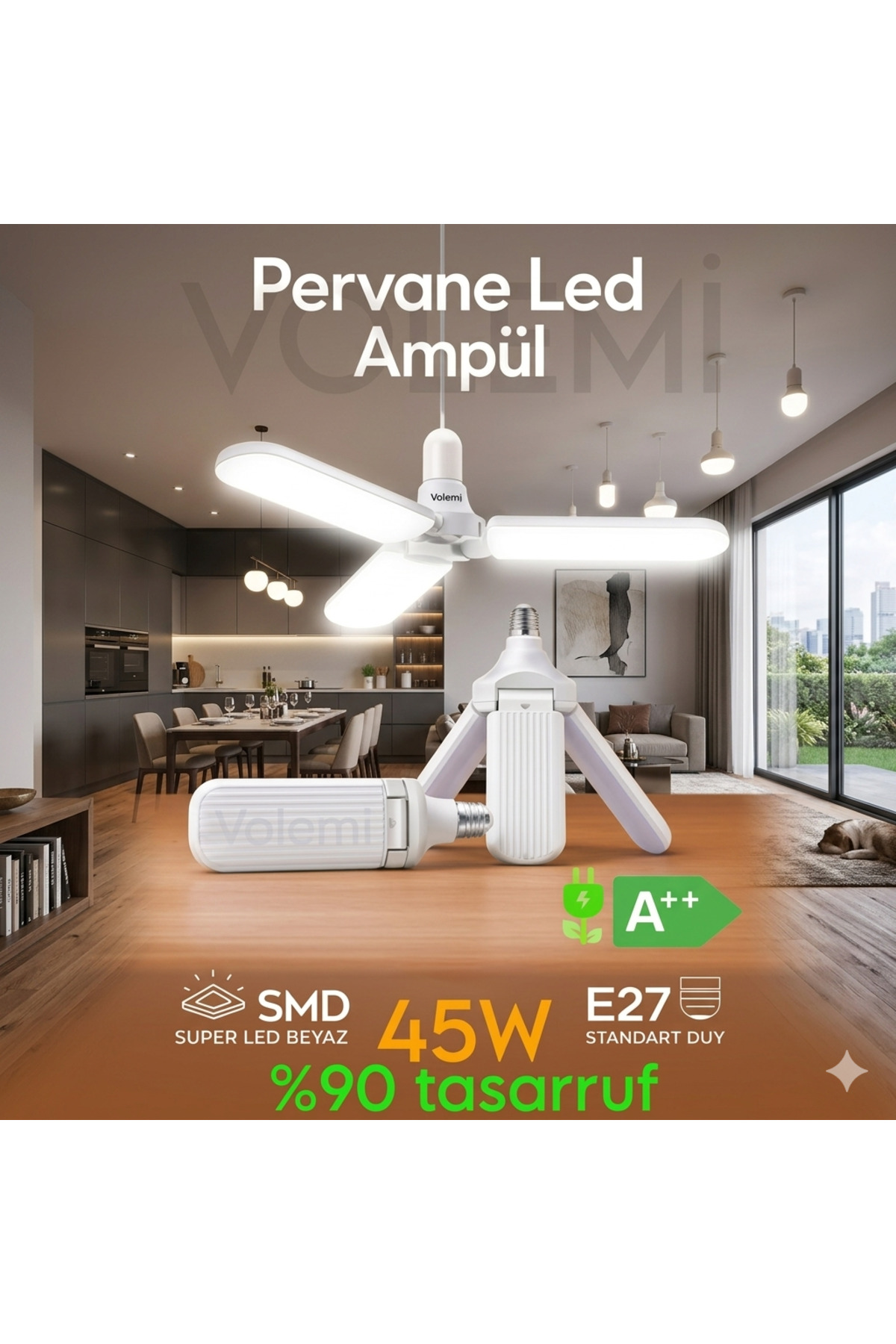 Lunitech 3 Kanatlı %90 tasarruflu 45w Ampul 5.000 Lümen Led Aydınlatma Beyaz Işık Led Ampul