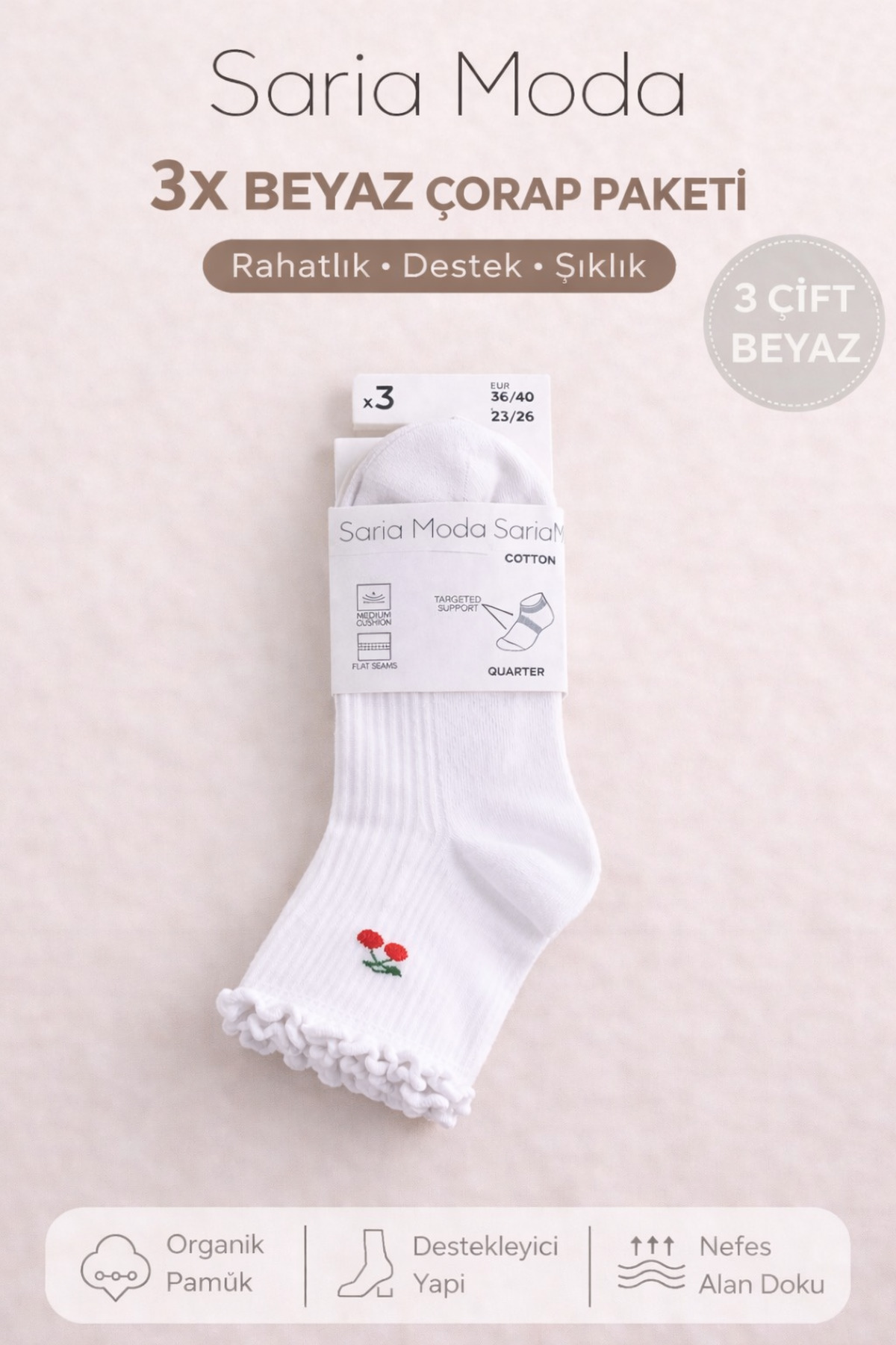3 Pairs of White Cherry Detailed Ruffled Derby Cotton College Socks