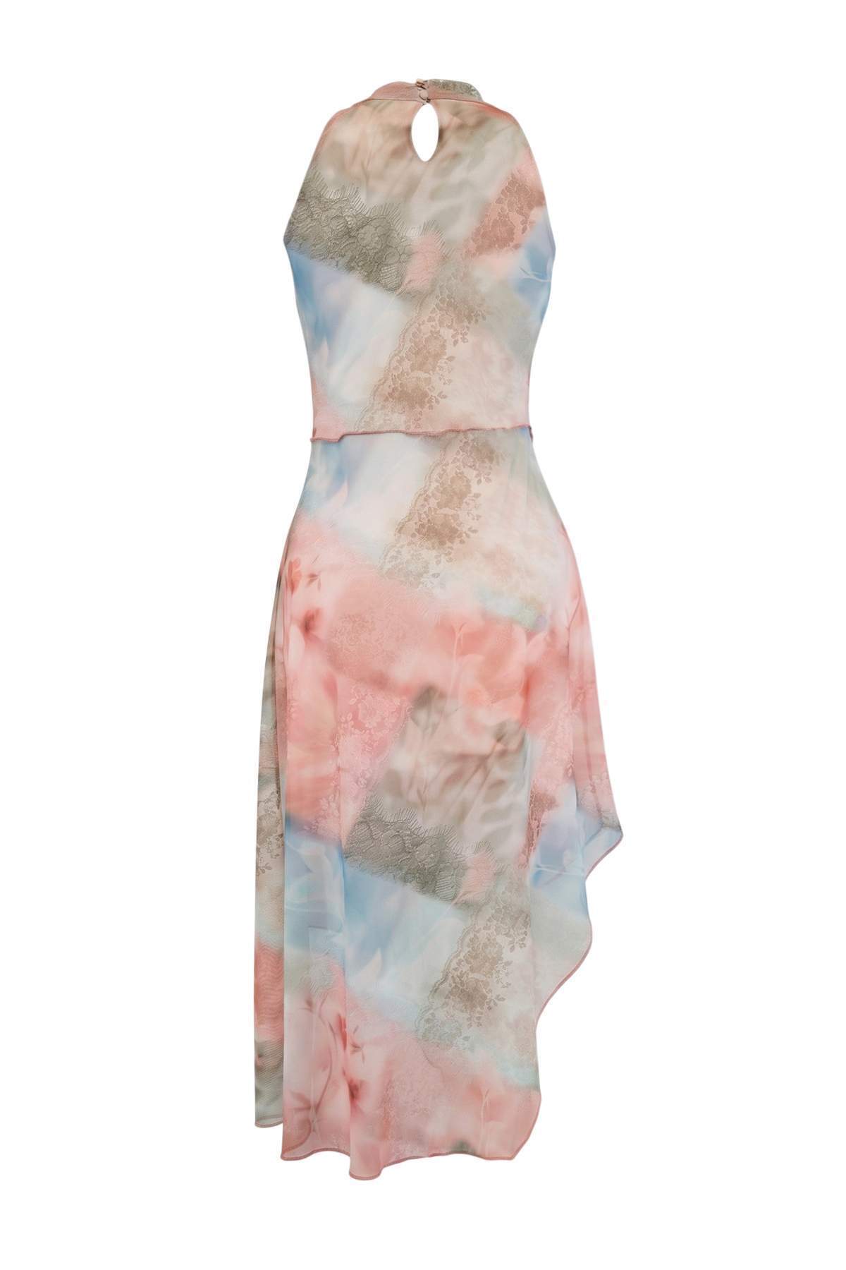 Trendyolmilla  Limited Edition Çok Renkli Soyut Desen Skater Boyundan Bağlamalı Tül Örme Elbise TWOSS26EL00408 - Görsel 2