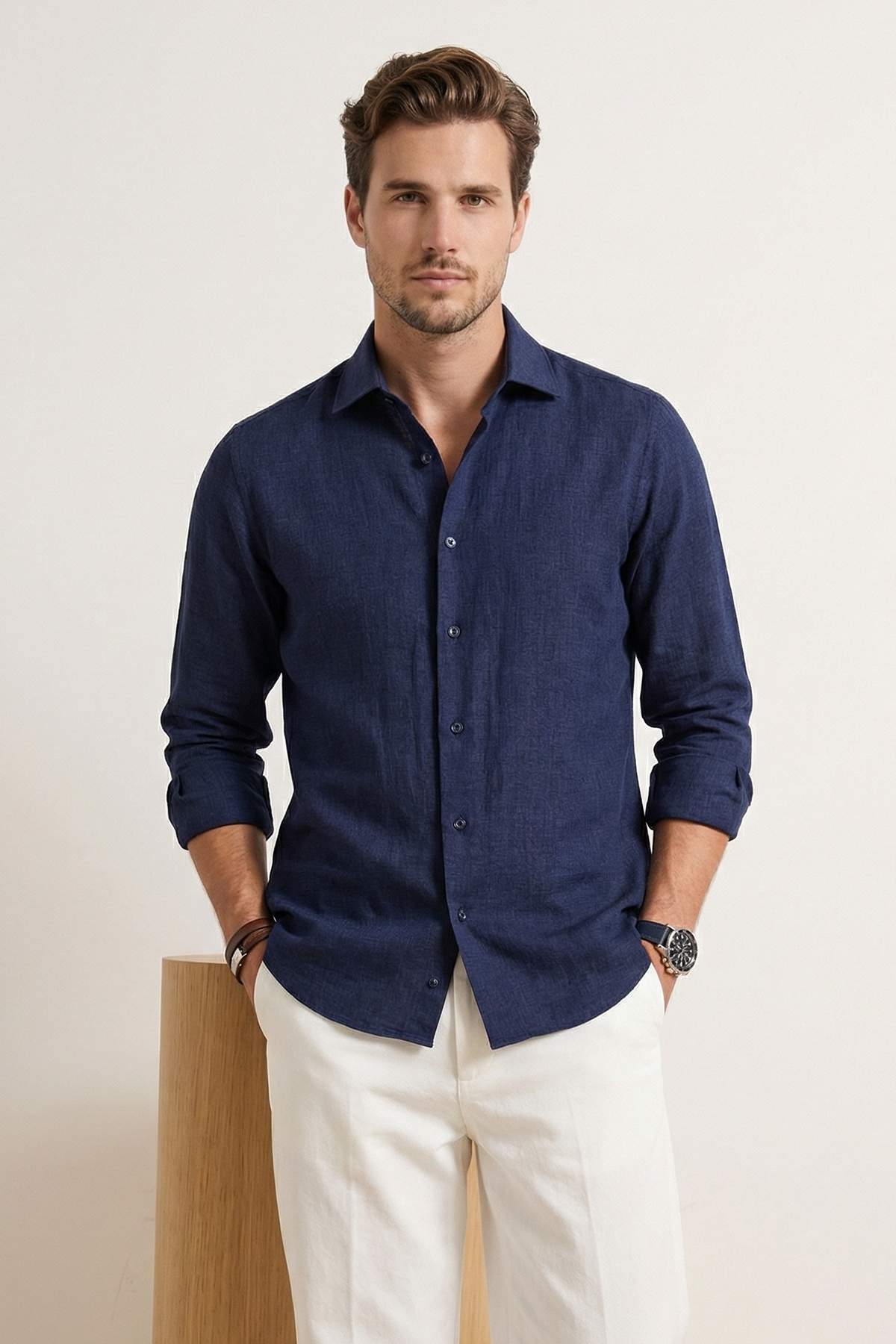 Trendyolmilla  Lacivert Normal Kalıp/Regular Fit Keten Görünümlü Mevsimlik Erkek Dokuma Gömlek TMNSS26GO00007