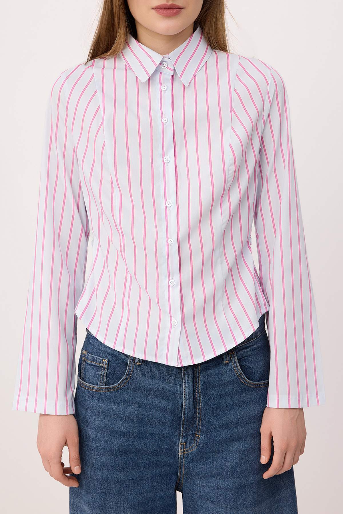 Trendyolmilla  Pembe-Mavi Çizgili Belden Ayarlanabilir Hafif Bele Oturan Kolları Geniş Gömlek TWOAW26GO00013 - Görsel 3