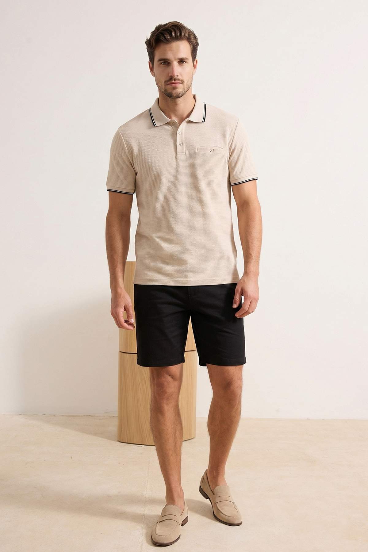 Trendyolmilla Man Bej Regular/Normal Kesim Dokulu Polo Yaka T-shirt TMNSS26PO00021