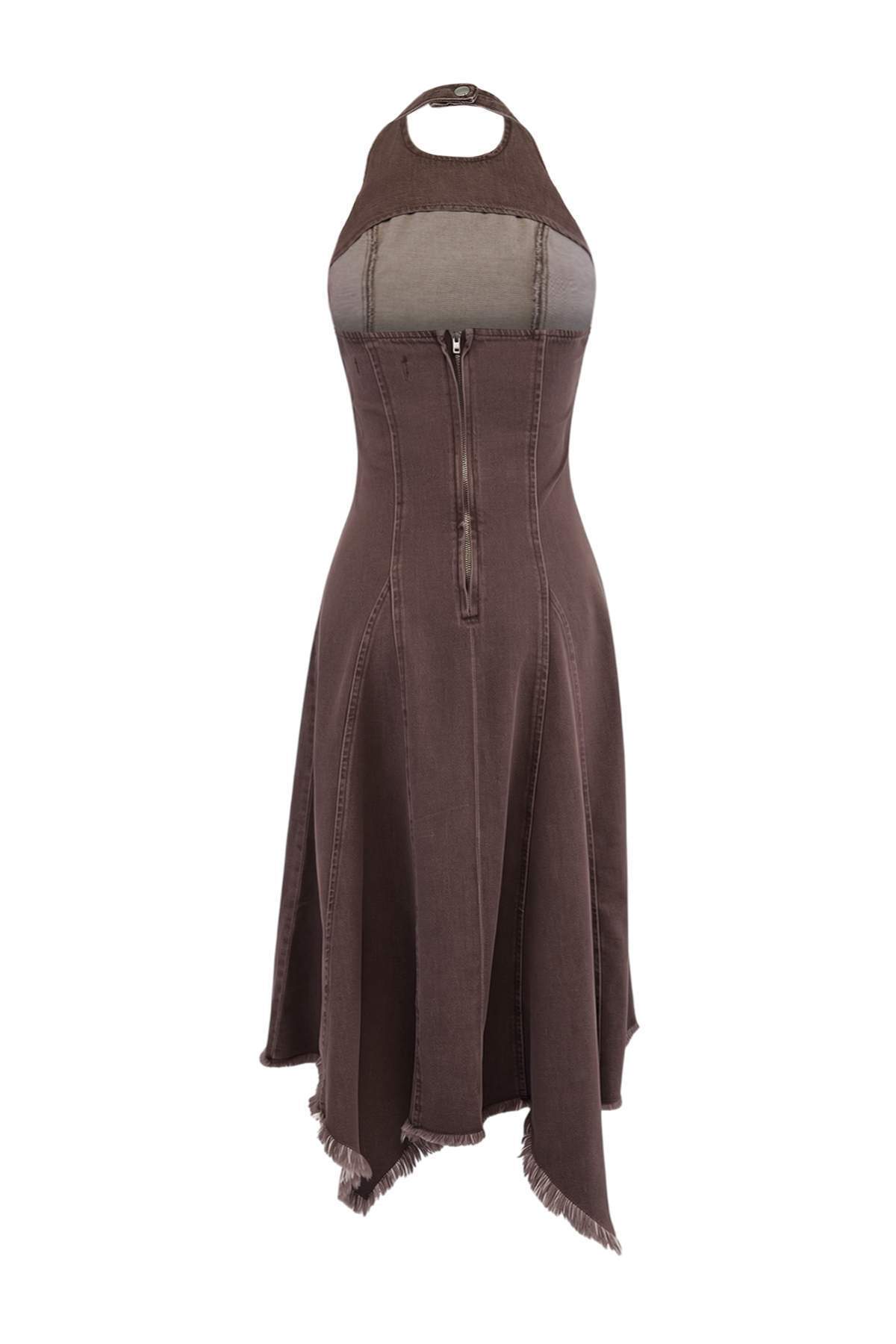 Trendyolmilla  Trendyol Studio Kahverengi Halter Yaka Asimetrik Midi Denim Elbise TWOSS26EL00389 - Görsel 6