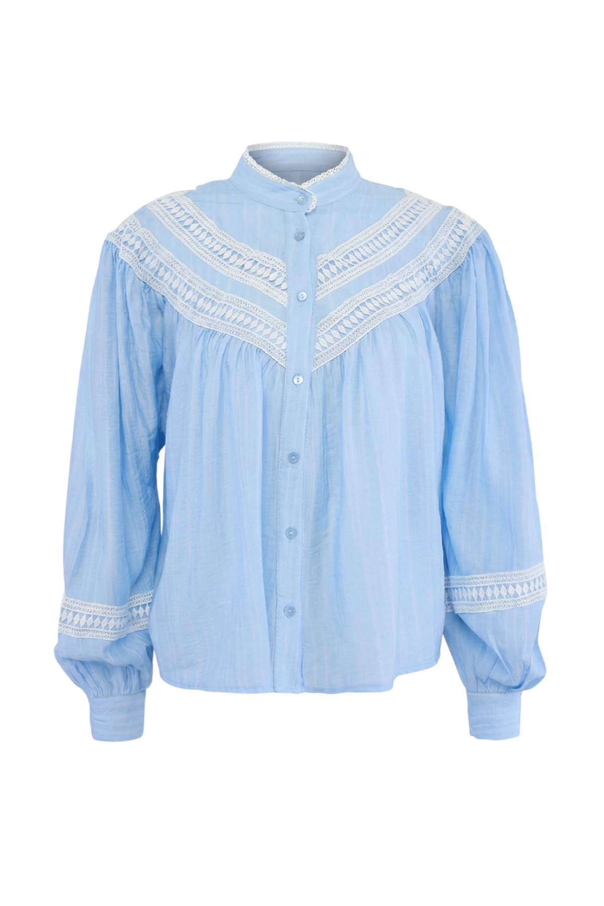 Trendyolmilla  Mavi Dantel Detaylı Geniş Kalıp Bohem Gömlek TWOSS26GO00179 - Görsel 5