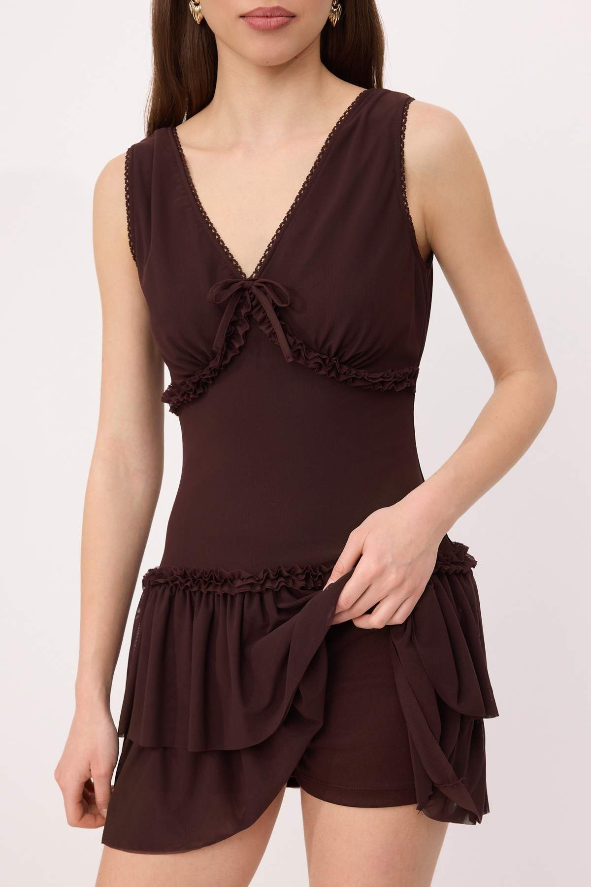 Trendyolmilla  Kahverengi A-Kesim/Çan Form V Yaka Kalın Askılı Kolsuz Mini Tül Örme Elbise TWOSS26EL00013 - Görsel 3