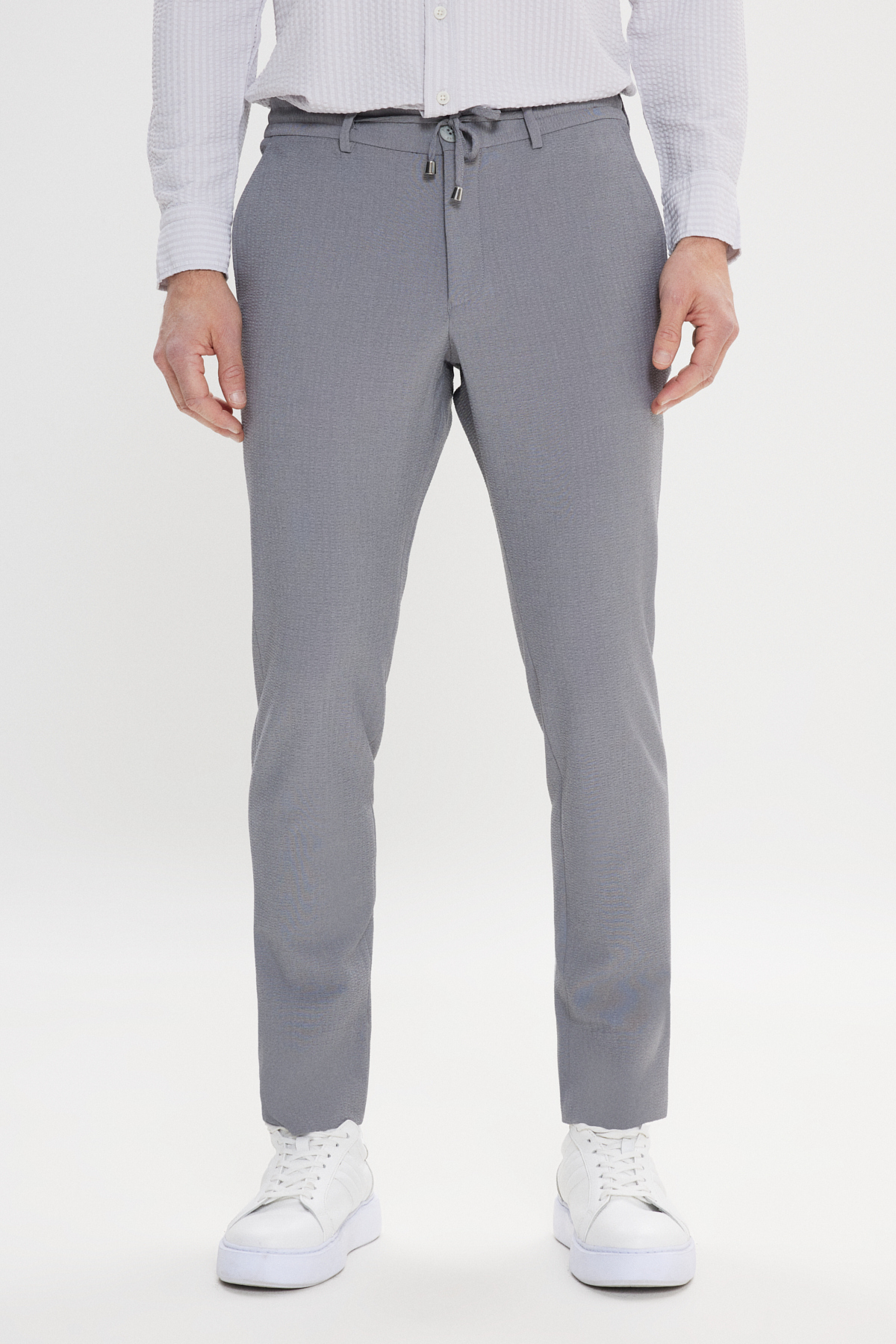 Men's Gray Slim Fit Side Pocket Wafer Patterned Trousers with Tie on Narrow Waist