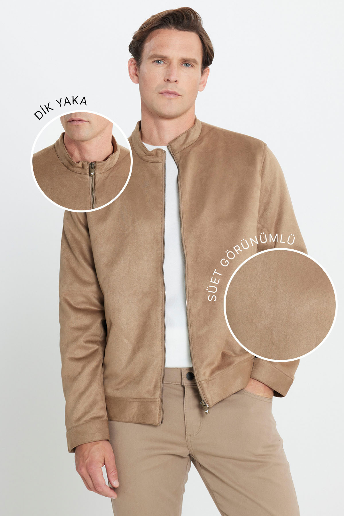 AC&Co / Altınyıldız Classics  Erkek Bej Standart Fit Normal Kesim Dik Yaka Süet Ceket Mont - Görsel 4