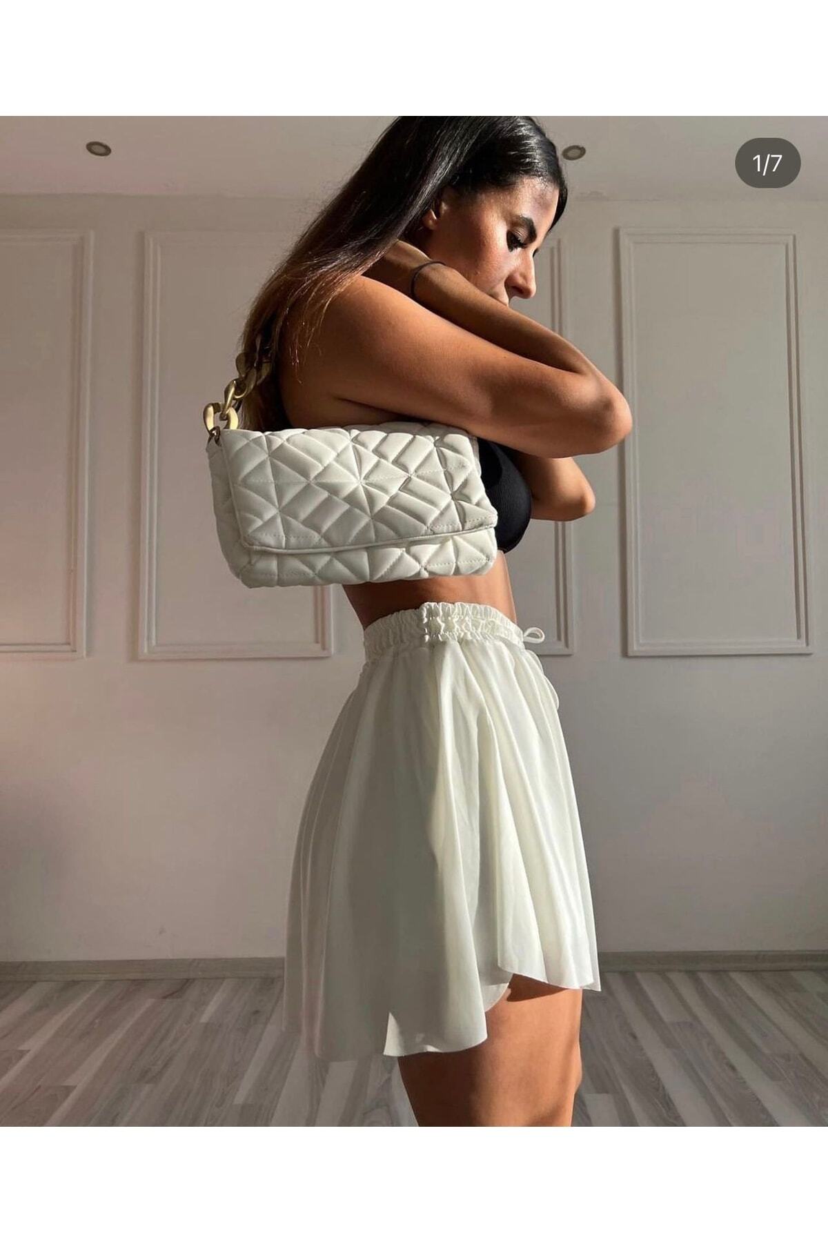Women's White Loose Fit Sports Skort with Built-in Shorts - Görsel 3