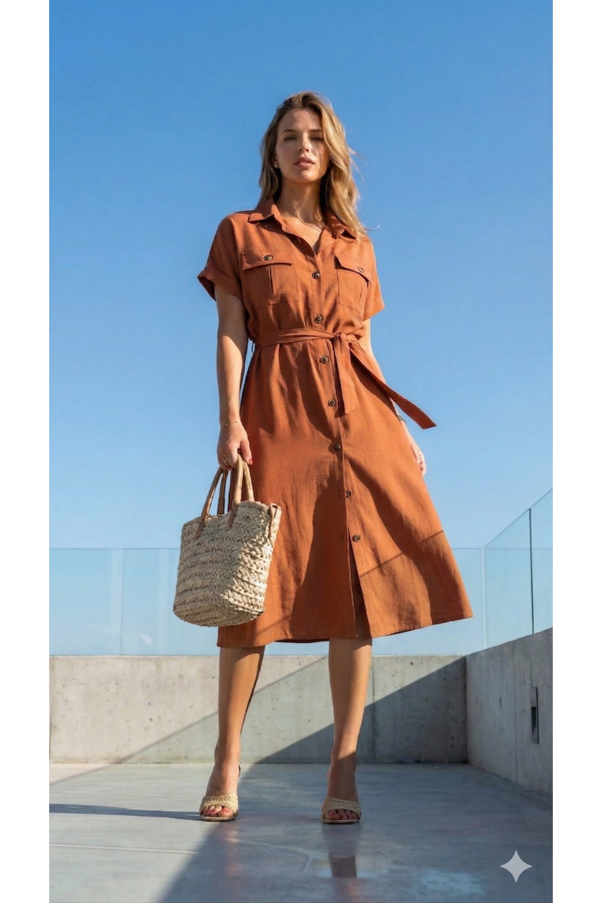 Pasaklı Giyim  Kadın Geniş Kesim Cepli Kısa Kollu Düğmeli Günlük Uzun Yazlık Safari Gömlek Elbise Kiremit K4045407 - Görsel 5