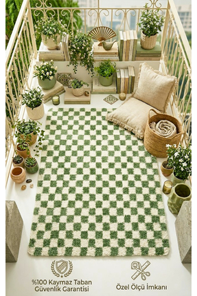 EUROBANO Chess Dama Desenli Kemik-Yeşil Salon Oturma Odası Yatak Odası Korido...