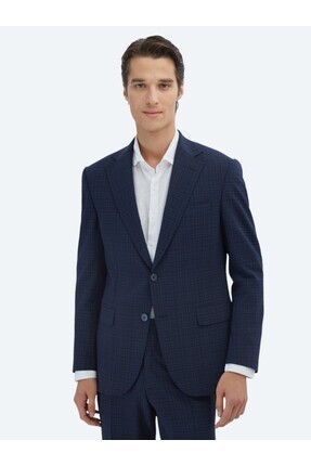 Kip Lacivert Kareli Modern Fit Yün Karışımlı Takım Elbise