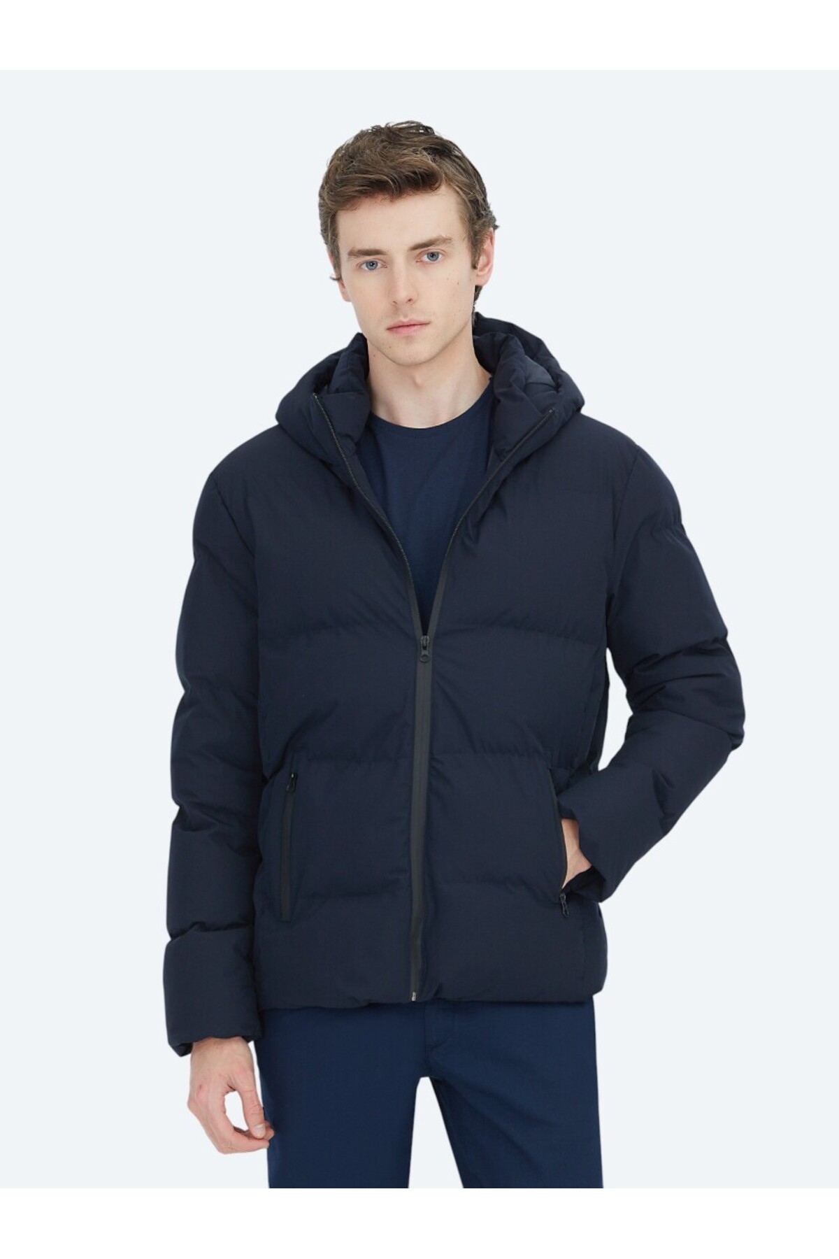 Lacivert Regular Fit Kapüşonlu Casual Dokuma Mont